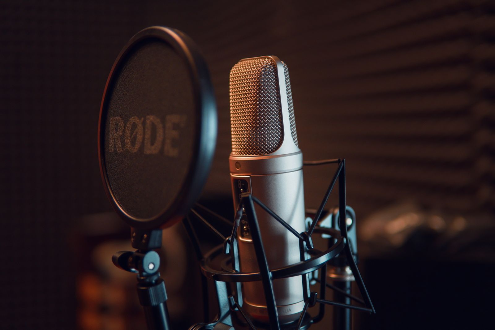 Studio microphone with pop filter for podcast recording